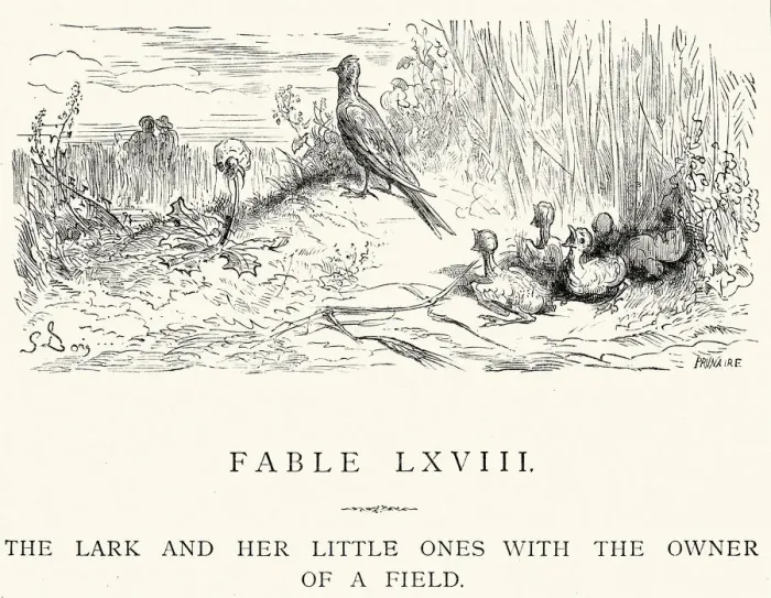 Framed Print : La Fontaines Fables - The Lark and her little ones Framed Print : La Fontaines Fables - The Lark and her little ones