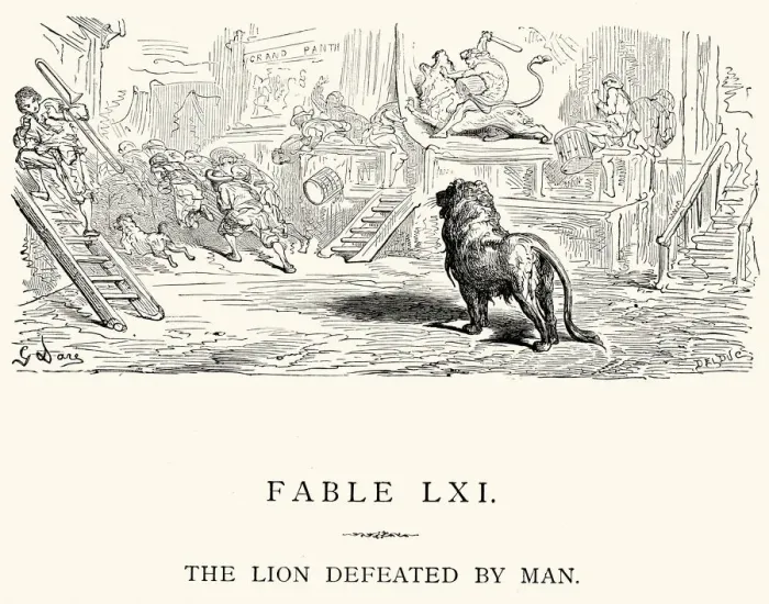 Framed Print : La Fontaines Fables - The Lion defeated by Man Framed Print : La Fontaines Fables - The Lion defeated by Man