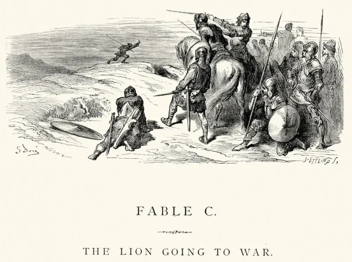 Framed Print : La Fontaines Fables - The Lion going to War Framed Print : La Fontaines Fables - The Lion going to War