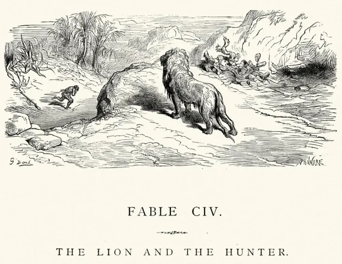 Framed Print : La Fontaines Fables - Lion and the Hunter Framed Print : La Fontaines Fables - Lion and the Hunter