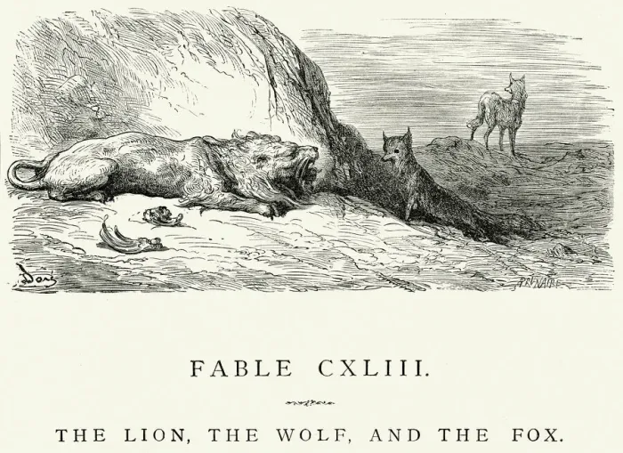 Framed Print : La Fontaines Fables - Lion Wolf and the Fox Framed Print : La Fontaines Fables - Lion Wolf and the Fox