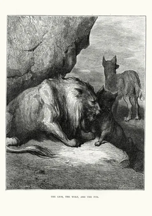Framed Print : La Fontaines Fables - Lion Wolf and the Fox Framed Print : La Fontaines Fables - Lion Wolf and the Fox