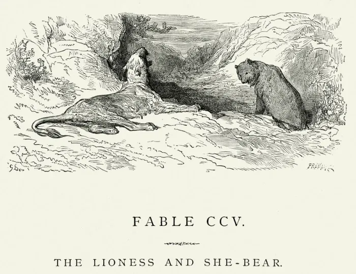 Framed Print : La Fontaines Fables - Lioness and the She Bear Framed Print : La Fontaines Fables - Lioness and the She Bear