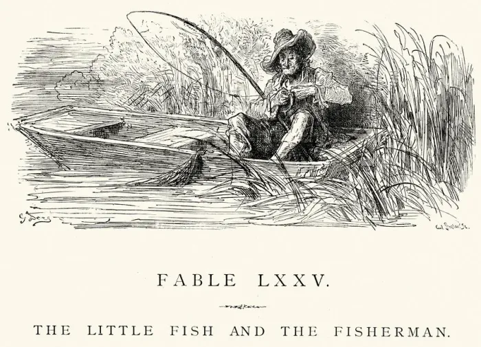 Framed Print : La Fontaines Fables - Little fish and the Fisherman Framed Print : La Fontaines Fables - Little fish and the Fisherman