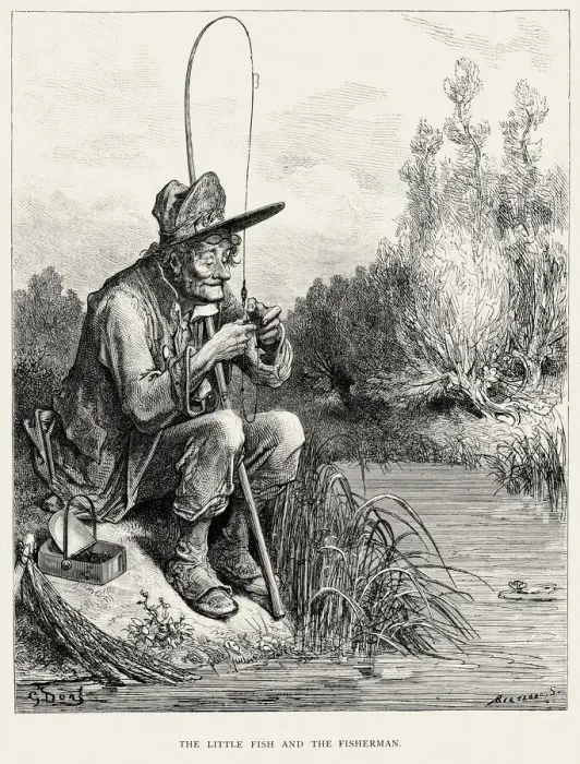 Framed Print : La Fontaines Fables - Little fish and the Fisherman Framed Print : La Fontaines Fables - Little fish and the Fisherman