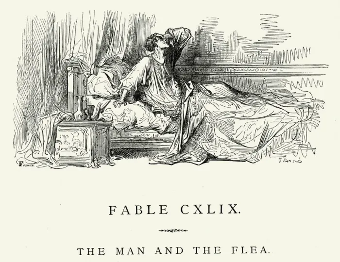 Framed Print : La Fontaines Fables - Man and the Flea Framed Print : La Fontaines Fables - Man and the Flea