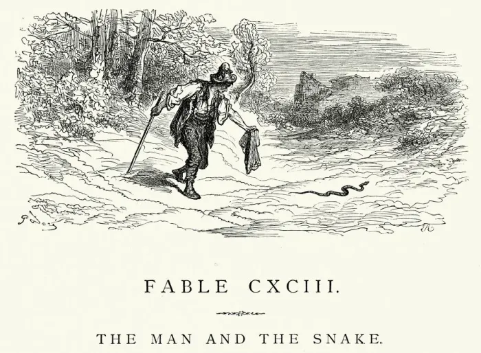 Framed Print : La Fontaines Fables - Man and the Snake Framed Print : La Fontaines Fables - Man and the Snake