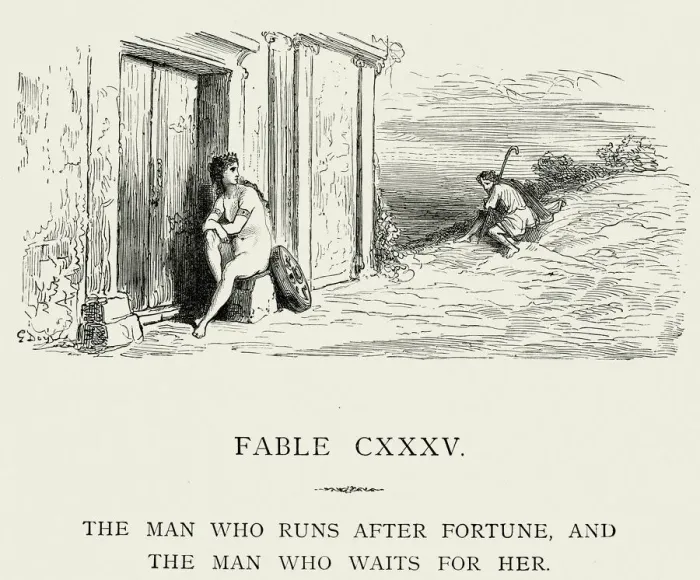 Framed Print : La Fontaines Fables - The man who runs after fortune Framed Print : La Fontaines Fables - The man who runs after fortune