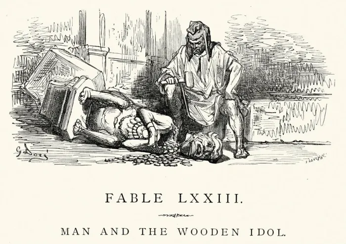 Framed Print : La Fontaines Fables - Man and the Wooden Idol Framed Print : La Fontaines Fables - Man and the Wooden Idol
