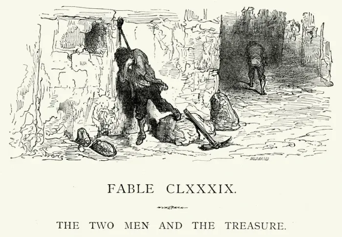 Framed Print : La Fontaines Fables - Two Men and the Treasure Framed Print : La Fontaines Fables - Two Men and the Treasure