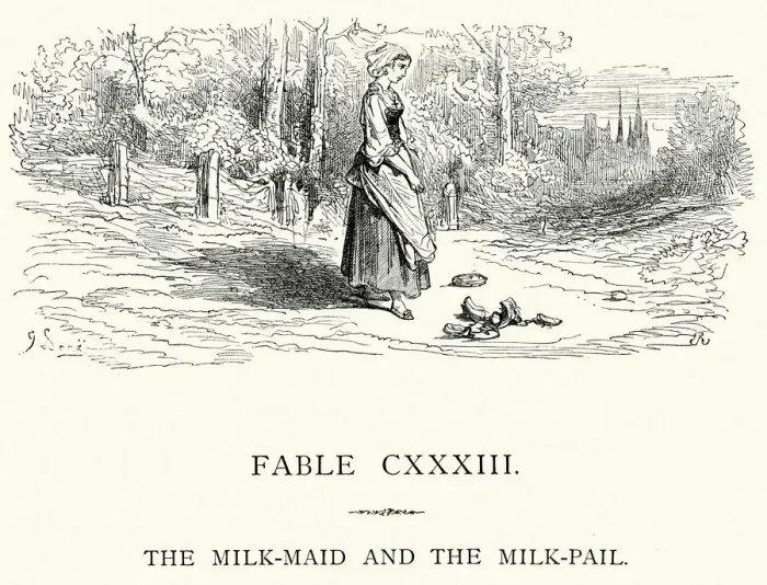 Framed Print : La Fontaines Fables - Milk Maid and the Milkpail Framed Print : La Fontaines Fables - Milk Maid and the Milkpail