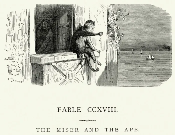 Framed Print : La Fontaines Fables - Miser and the Ape Framed Print : La Fontaines Fables - Miser and the Ape