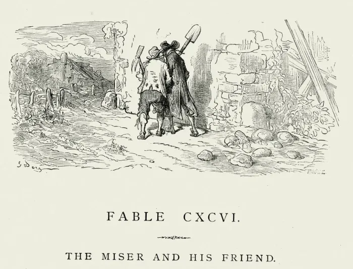 Framed Print : La Fontaines Fables - The Miser and his Friend Framed Print : La Fontaines Fables - The Miser and his Friend