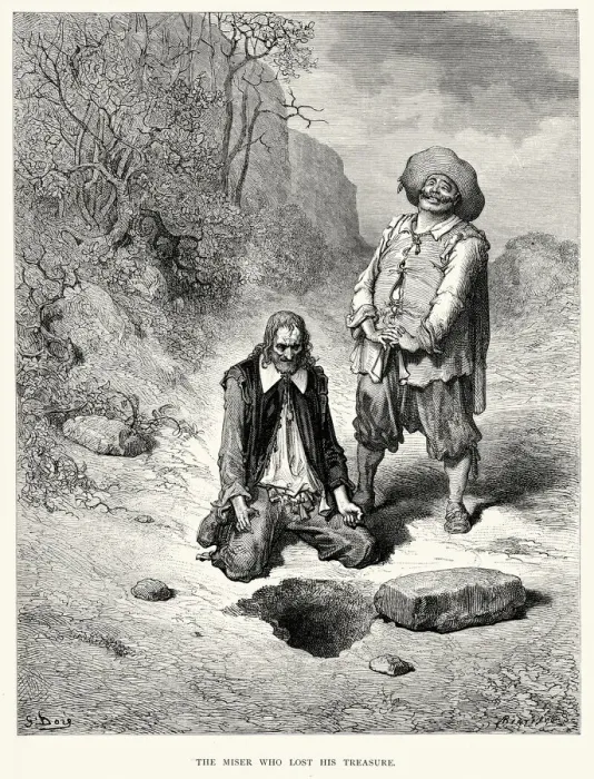 Framed Print : La Fontaines Fables - Miser who lost his treasure Framed Print : La Fontaines Fables - Miser who lost his treasure
