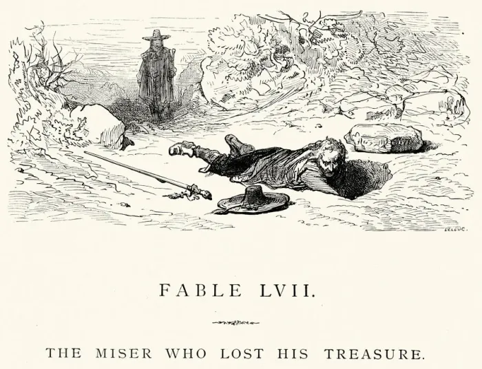Framed Print : La Fontaines Fables - Miser who lost his treasure