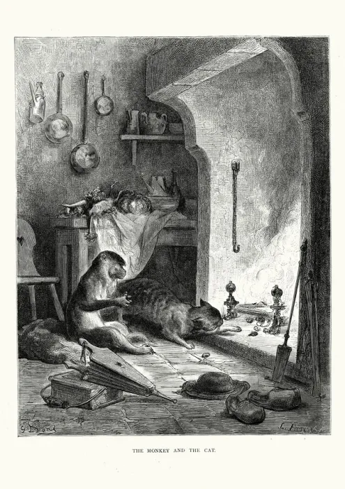 Framed Print : La Fontaines Fables - Monkey and the Cat Framed Print : La Fontaines Fables - Monkey and the Cat