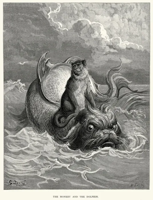 Framed Print : La Fontaines Fables - Monkey and the Dolphin Framed Print : La Fontaines Fables - Monkey and the Dolphin