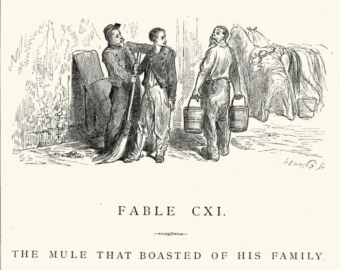 Framed Print : La Fontaines Fables - Mule that boasted of his family Framed Print : La Fontaines Fables - Mule that boasted of his family