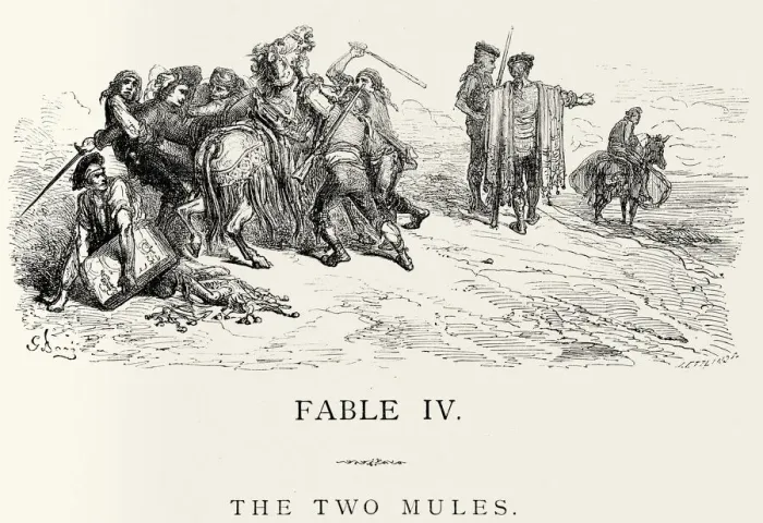 Framed Print : La Fontaines Fables - The Two Mules Framed Print : La Fontaines Fables - The Two Mules