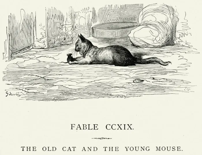 Framed Print : La Fontaines Fables - Old Cat and the Young Mouse Framed Print : La Fontaines Fables - Old Cat and the Young Mouse