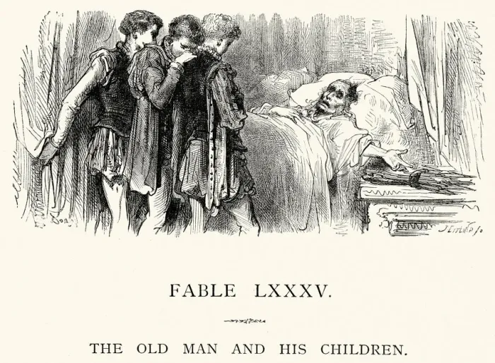 Framed Print : La Fontaines Fables - Old Man and his Children Framed Print : La Fontaines Fables - Old Man and his Children