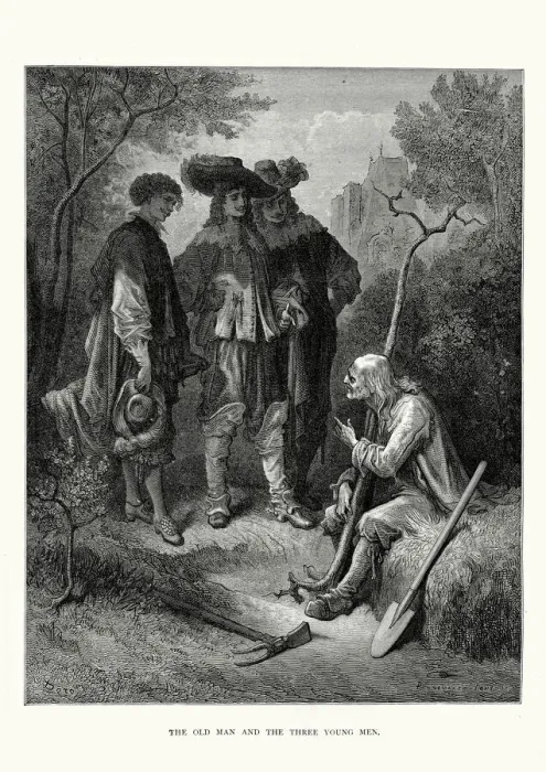 Framed Print : La Fontaines Fables - Old Man and Three Young Men Framed Print : La Fontaines Fables - Old Man and Three Young Men