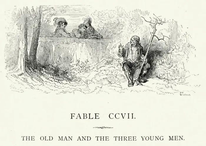 Framed Print : La Fontaines Fables - Old Man and the Young Men Framed Print : La Fontaines Fables - Old Man and the Young Men