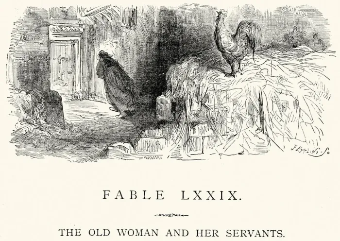 Framed Print : La Fontaines Fables - The Old Woman and her Servants Framed Print : La Fontaines Fables - The Old Woman and her Servants
