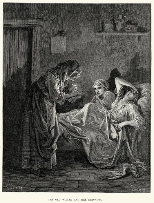 Framed Print : La Fontaines Fables - Old Woman and her Servants Framed Print : La Fontaines Fables - Old Woman and her Servants