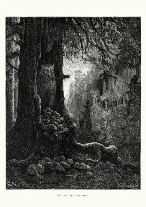 Framed Print : La Fontaines Fables - Owl and the Mice Framed Print : La Fontaines Fables - Owl and the Mice