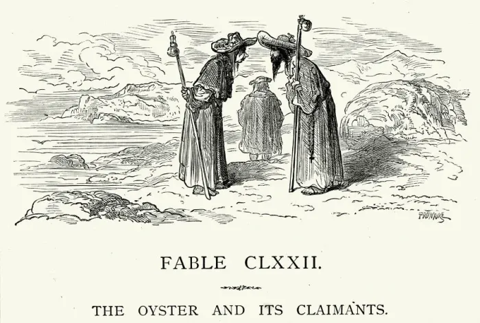 Framed Print : La Fontaines Fables - The Oyster and its Claimants Framed Print : La Fontaines Fables - The Oyster and its Claimants