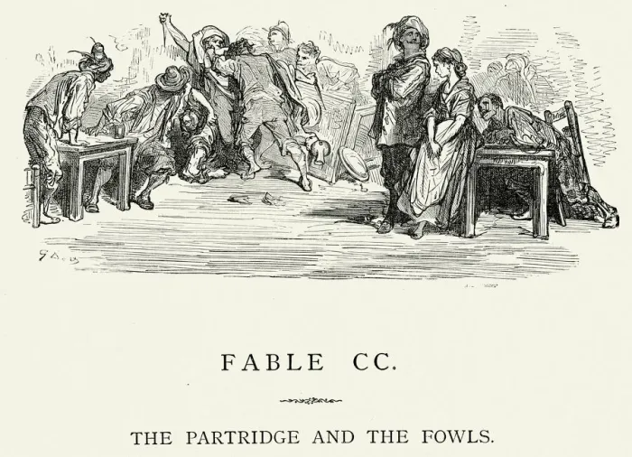 Framed Print : La Fontaines Fables - Partridge and the Fowls Framed Print : La Fontaines Fables - Partridge and the Fowls