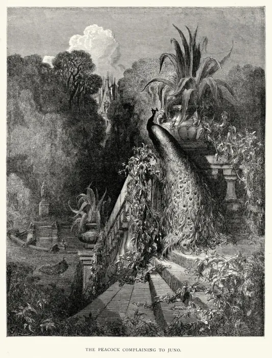 Framed Print : La Fontaines Fables - Peacock complaining to Juno Framed Print : La Fontaines Fables - Peacock complaining to Juno