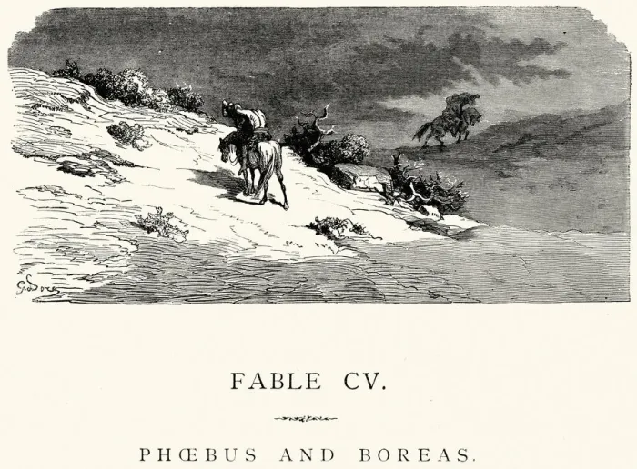 Framed Print : La Fontaines Fables - Phoebus and Boreas Framed Print : La Fontaines Fables - Phoebus and Boreas