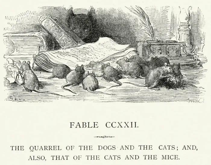 Framed Print : La Fontaines Fables - Quarrel of the Dogs and Cats Framed Print : La Fontaines Fables - Quarrel of the Dogs and Cats