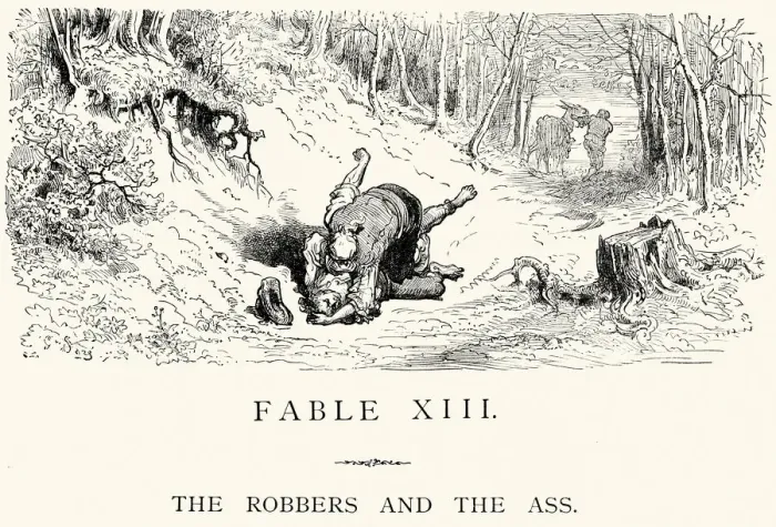 Framed Print : La Fontaines Fables - Robbers and the Ass Framed Print : La Fontaines Fables - Robbers and the Ass