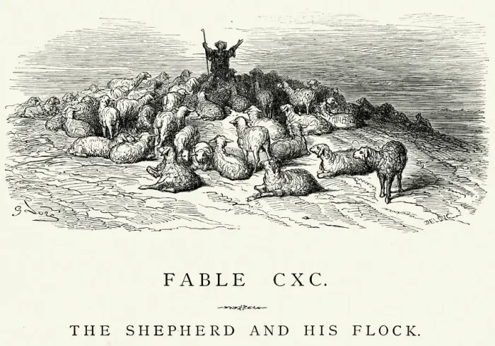 Framed Print : La Fontaines Fables - The Shepherd and his Flock Framed Print : La Fontaines Fables - The Shepherd and his Flock