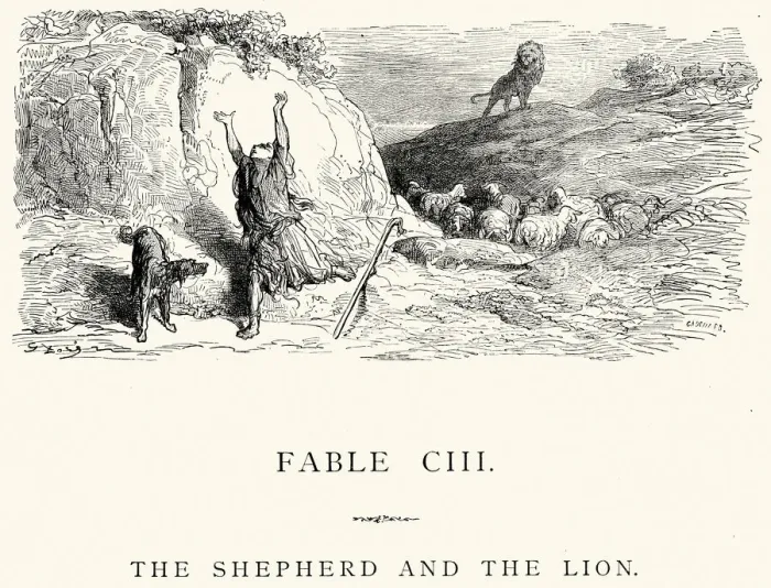 Framed Print : La Fontaines Fables - Shepherd and the Lion Framed Print : La Fontaines Fables - Shepherd and the Lion