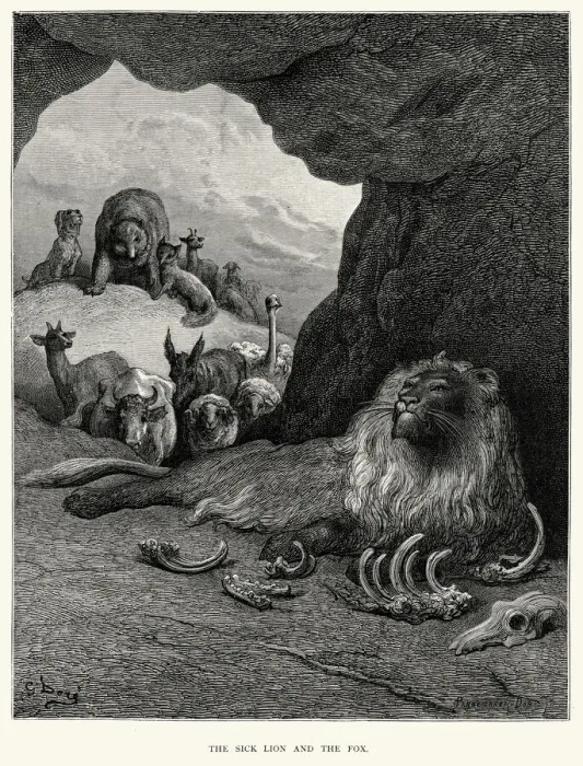 Framed Print : La Fontaines Fables - Sick Lion and the Fox Framed Print : La Fontaines Fables - Sick Lion and the Fox