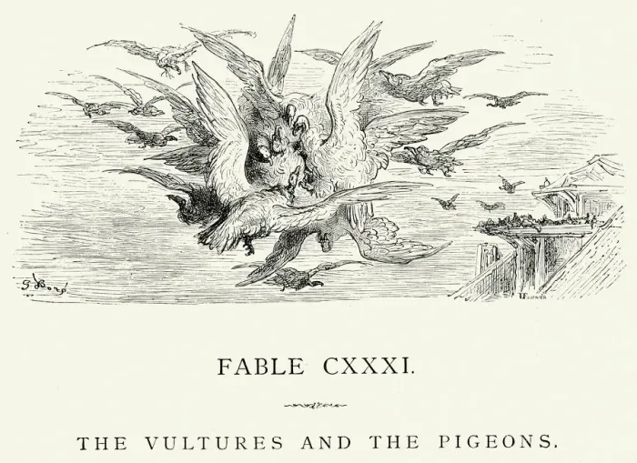 Framed Print : La Fontaines Fables - Vultures and the Pigeons Framed Print : La Fontaines Fables - Vultures and the Pigeons