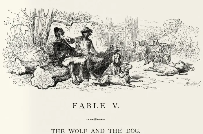 Framed Print : La Fontaines Fables - Wolf and the Dog Framed Print : La Fontaines Fables - Wolf and the Dog