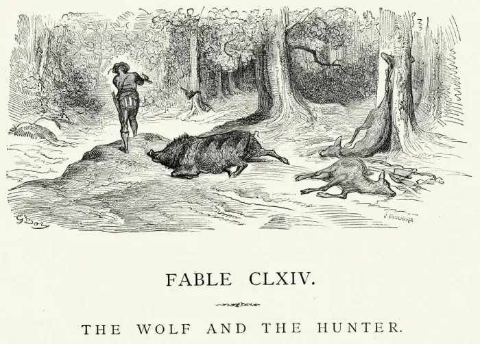 Framed Print : La Fontaines Fables - Wolf and the Hunter Framed Print : La Fontaines Fables - Wolf and the Hunter