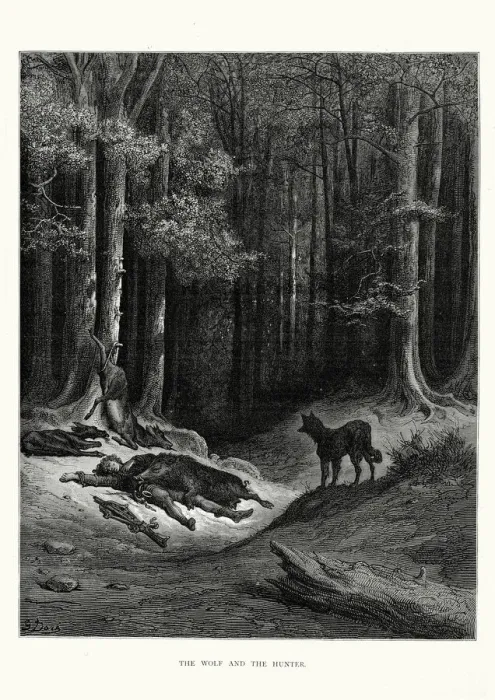 Framed Print : La Fontaines Fables - Wolf and the Hunter Framed Print : La Fontaines Fables - Wolf and the Hunter