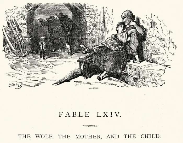 Framed Print : La Fontaines Fables - Wolf Mother and Child Framed Print : La Fontaines Fables - Wolf Mother and Child