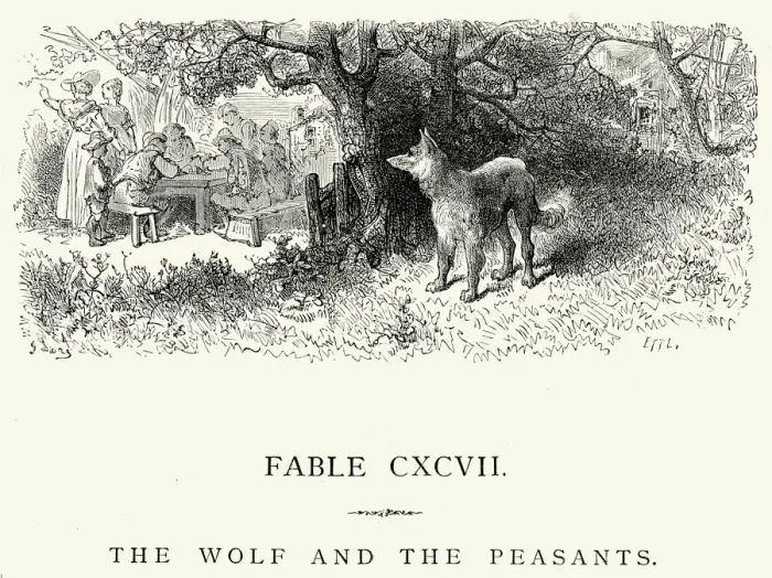 Framed Print : La Fontaines Fables - Wolf and the Peasants Framed Print : La Fontaines Fables - Wolf and the Peasants