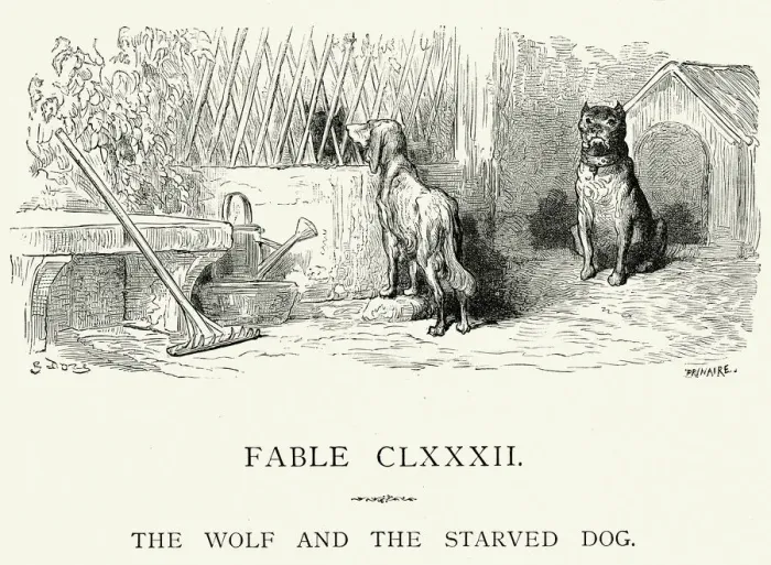 Framed Print : La Fontaines Fables - Wolf and the Starved Dog