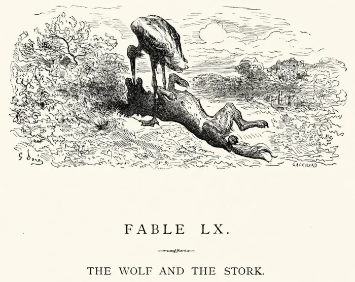 Framed Print : La Fontaines Fables - Wolf and the Stork Framed Print : La Fontaines Fables - Wolf and the Stork