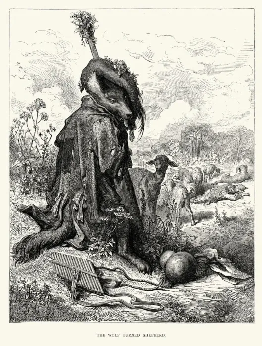 Framed Print : La Fontaines Fables - The Wolf turned Shepherd Framed Print : La Fontaines Fables - The Wolf turned Shepherd