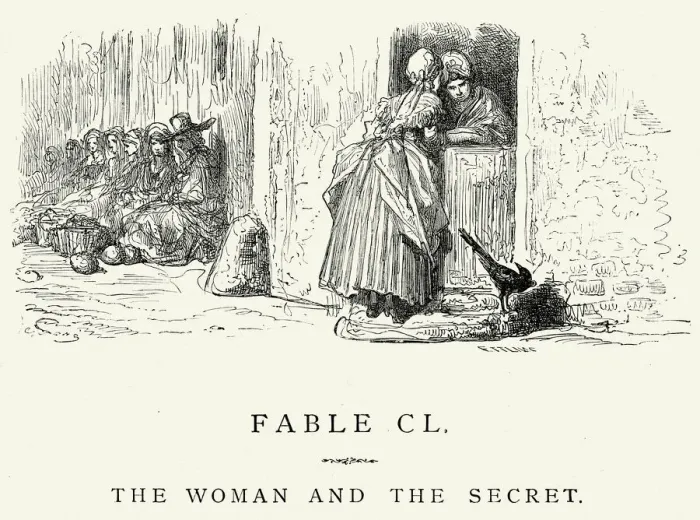 Framed Print : La Fontaines Fables - Woman and the Secret Framed Print : La Fontaines Fables - Woman and the Secret