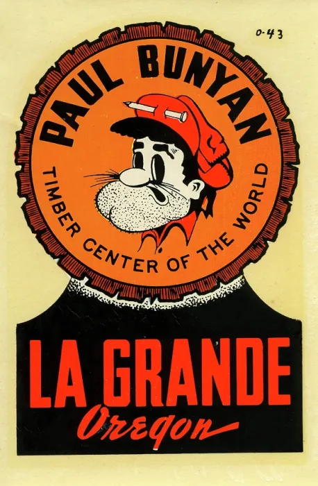 Framed Print : La Grande. USA - 1960: A decal for La Grande in Oregon reads 'Paul Bunyan